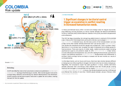 Colombia: Update on the overview of risks from November 2021 to April 2022