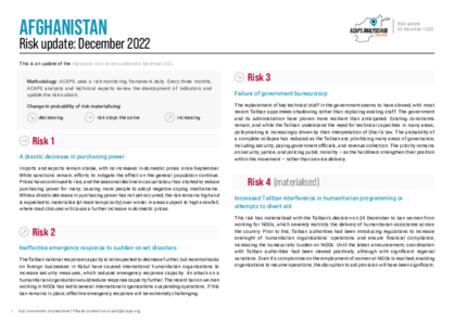 Afghanistan: Risk update December 2022