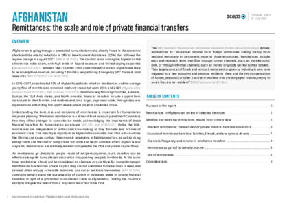 Afghanistan: remittances and the scale and role of private financial transfers