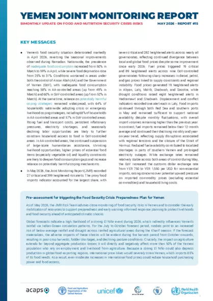 Yemen: Bimonthly update on food and nutrition security crisis risks - issue 15